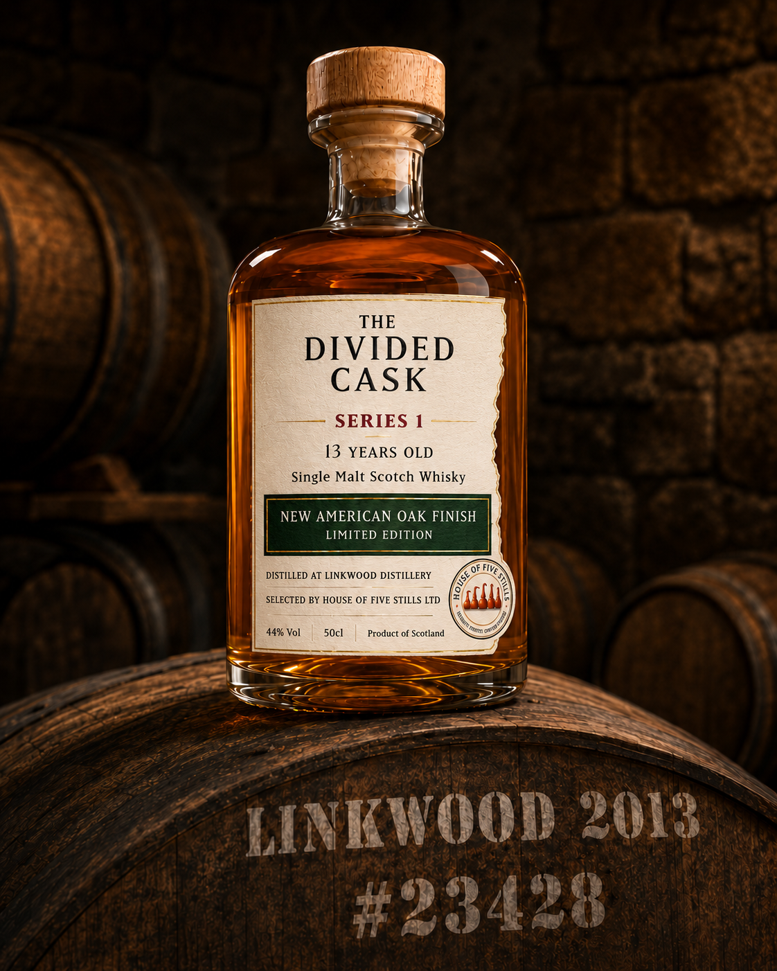 New American Oak Cask Finish bottle on cask