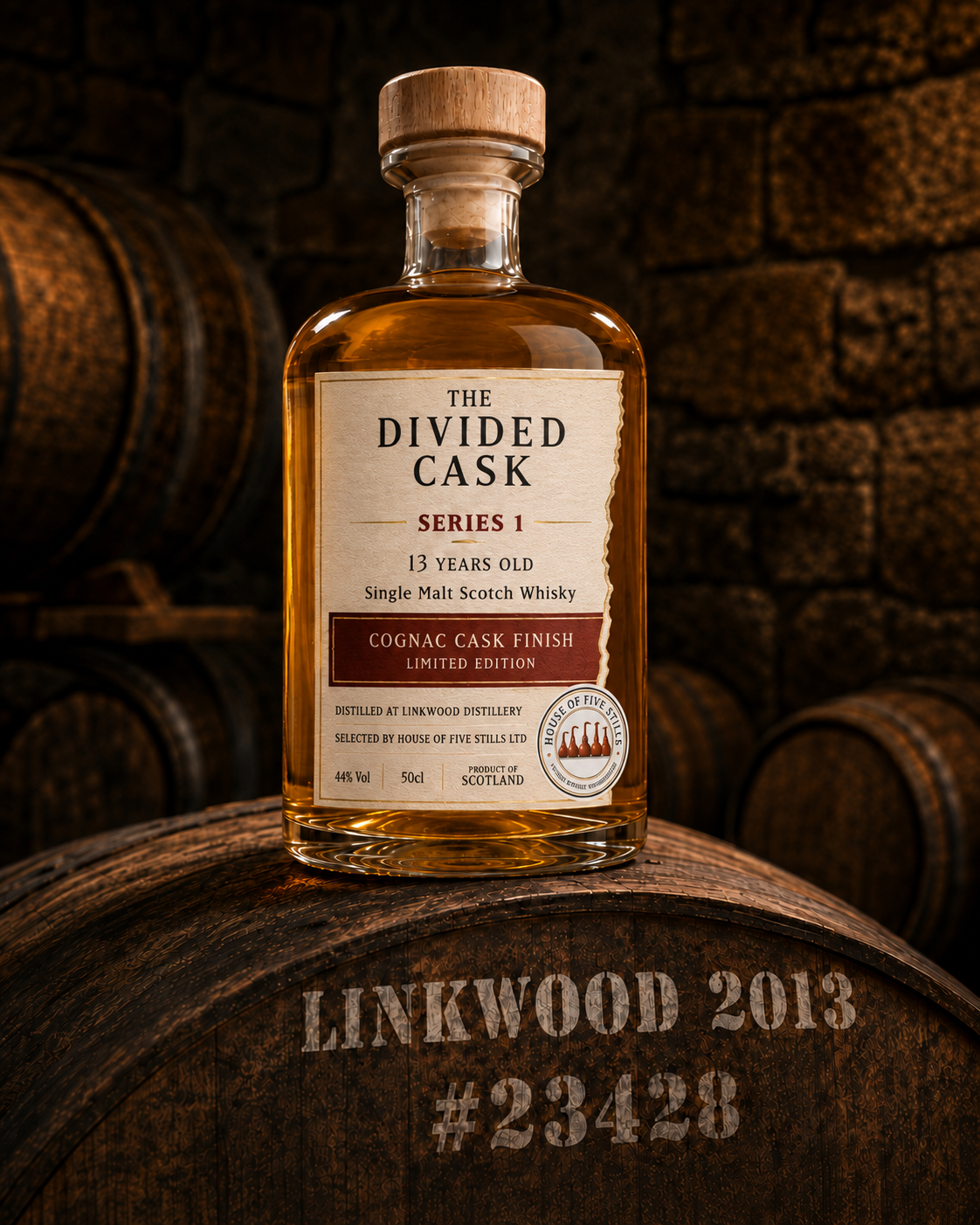 Cognac Cask Finish bottle on cask